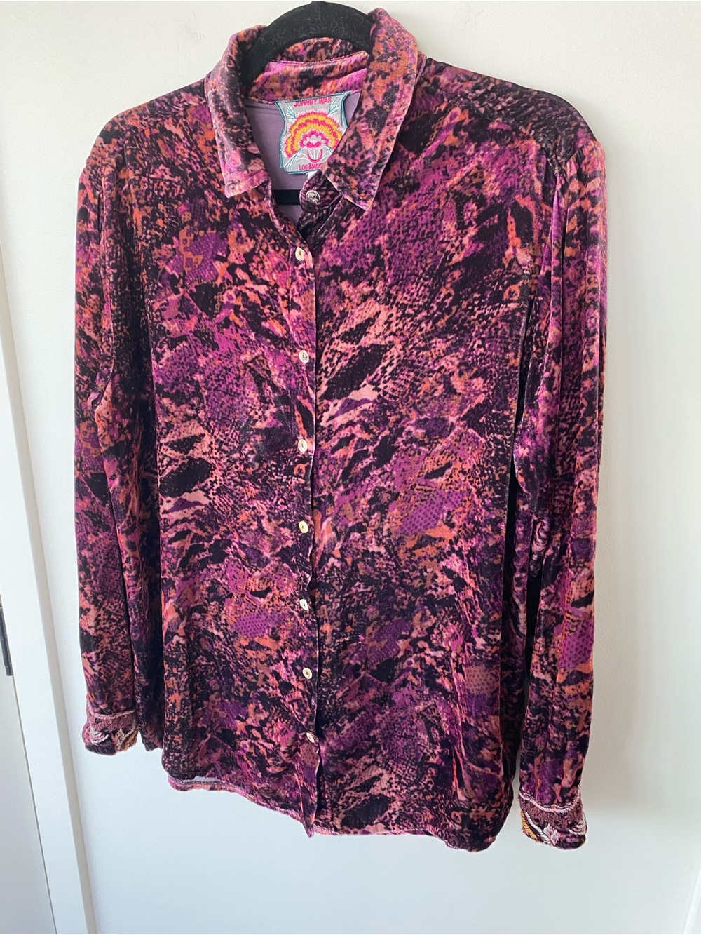 Johnny Was Purple and Pink Abstract Print Velvet Button-Down Shirt. Size S
